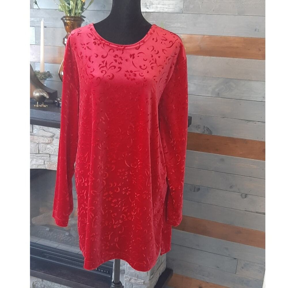 VTG Crush Velvet Red Floral Pattern Tunic Bold Spirit Women Size 1X